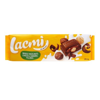 Шоколад молочний з цілісними лісовими горіхами, карамеллю та шоколадною начинкою Lacmi Roshen, 295 г 3414850 фото