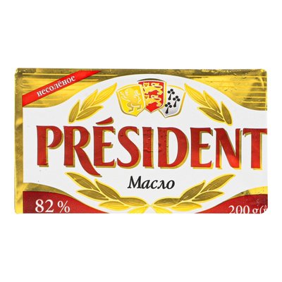 Масло сливочное 82% несоленое President, 200 г 177920 фото