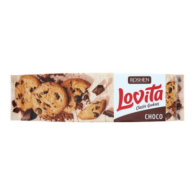 Печиво здобне з кусочками глазурі Lovita Classic Cookies Roshen, 150 г 3578550 фото