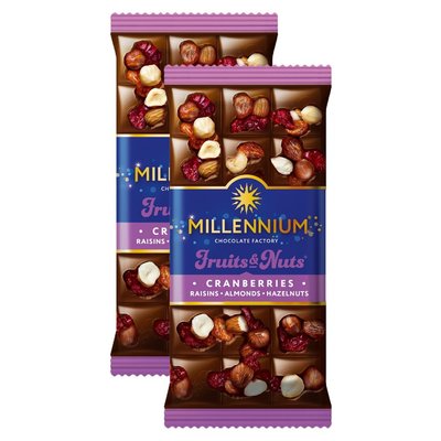 Шоколад молочный с миндалем, целыми лесными орехами, клюквой и изюмом Fruits&Nuts Millennium, 90 г 3740470 фото
