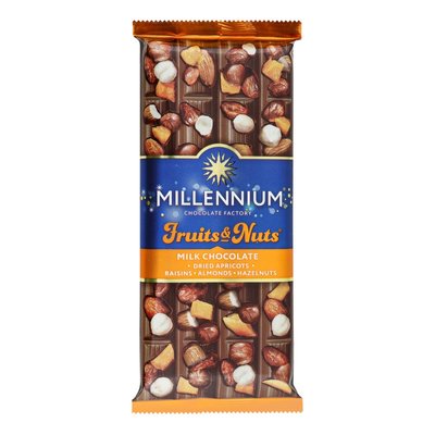 Шоколад молочный с миндалем, целыми лесными орехами, курагой и изюмом Fruits&Nuts Millennium, 90 г 3679630 фото