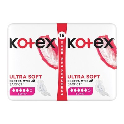 Прокладки гігієнічні Супер Ultra Soft Kotex, 16 шт 1645280 фото