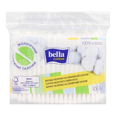 Палочки ватные на бумажной основе экологичные Bella Cotton 160, шт./уп. 3907150 фото