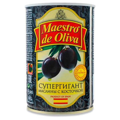 Маслины черные Супер гигант с косточкой Maestro de Oliva, 400 г 1211730 фото
