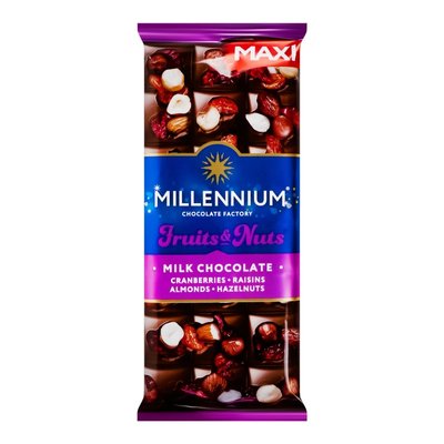 молочный с миндалем, фундуком, клюквой, изюмом Шоколад Millennium Fruits&Nuts, 140 г 3304720 фото